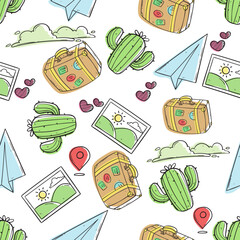 doodle seamless pattern featuring summer elements on a clean white background. Perfect for seasonal design, tropical artwork, holiday theme, beach decoration, fun pattern.