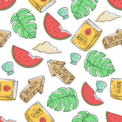 doodle seamless pattern featuring summer elements on a clean white background. Perfect for seasonal design, tropical artwork, holiday theme, beach decoration, fun pattern.