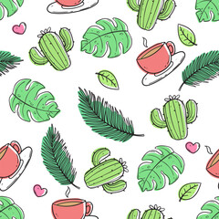 doodle seamless pattern featuring summer elements on a clean white background. Perfect for seasonal design, tropical artwork, holiday theme, beach decoration, fun pattern.