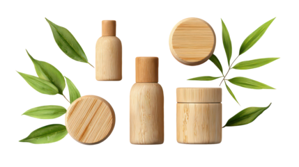Natural cosmetic bottles and soap with green leaves isolated on transparent background