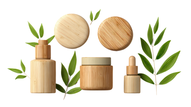 Natural bamboo skincare products and leaves isolated on transparent background
