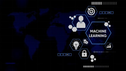Machine Learning Infographic with World Map and Icons on Dark Background artificial intelligence technology