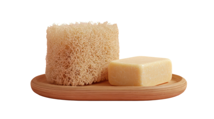 Natural loofah sponge and bar of soap on wooden dish isolated on transparent background