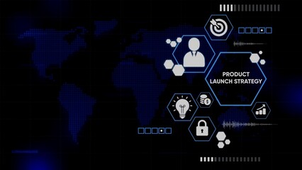 Product Launch Strategy Infographic with Global Business Icons and World Map Background image photo