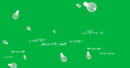 Animation of digital lightbulbs over mathematical equations on transparent background - Powered by Adobe
