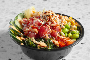 A closeup view of a poke bowl.