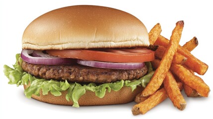 Delicious burger and sweet potato fries, side by side.