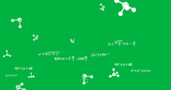 Animation of digital molecules over mathematical equations on transparent background - Powered by Adobe