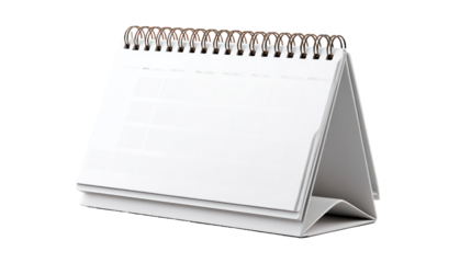 Elegant desk calendar with blank pages standing upright on transparent background