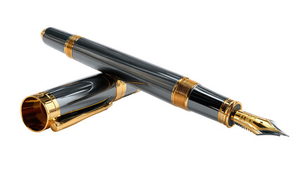 Elegant fountain pen with open cap gold nib visible isolated on transparent background