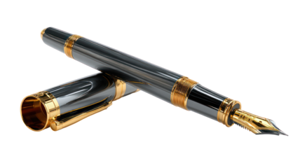 Elegant fountain pen with open cap gold nib visible isolated on transparent background