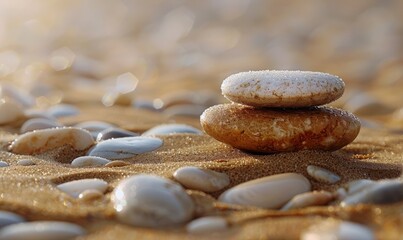 Two Smooth Stones Stacked on a Sandy Beach