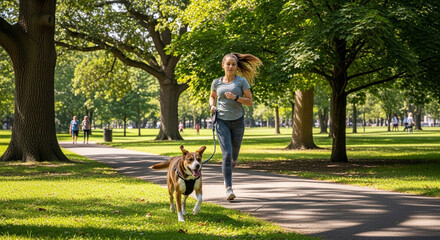 Energetic woman joyfully running with her happy dog along a sunlit park path surrounded by lush green trees and vibrant summer foliage