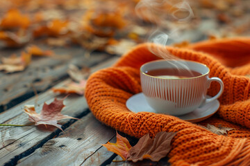 Steaming cup of tea on a cozy orange blanket surrounded by autumn leaves.
