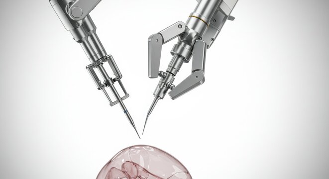Robotic arms performing a medical procedure over a transparent brain model on a bright white backdrop