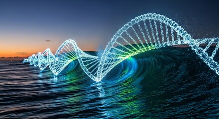 A digital dna double helix structure emerges from a wave, symbolizing genetic research