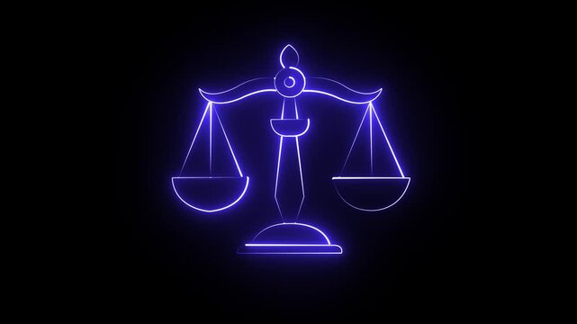 A glowing neon outline of the libra zodiac sign, symbolizing balance and justice, set against a dark, mysterious background