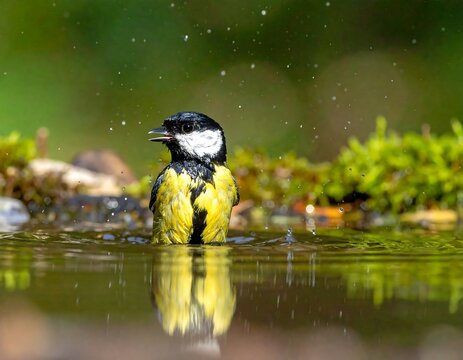Bird bathing in shallow water