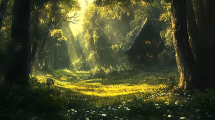 Enchanted forest cottage bathed in golden sunlight, perfect for storybook illustrations or idyllic lifestyle branding, evoking peace and escapism beautifully