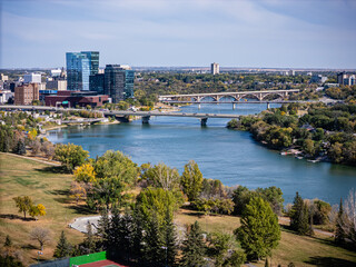 Aerial View of Downtown Saskatoon and Bridges over the South Saskatchewan River