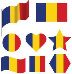 Romania Flag Design in Creative Shapes: Circle, Heart, and Wavy Ribbon Concepts. Patriotic Romanian National Symbol for Independence Day, Sports Events, and Branding. Vector Illustration Set.