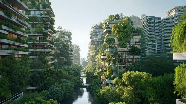 Verdant Cityscape: A utopian vision of urban development, where nature and architecture harmonize in a display of lush greenery, highlighting an eco-friendly and sustainable living.