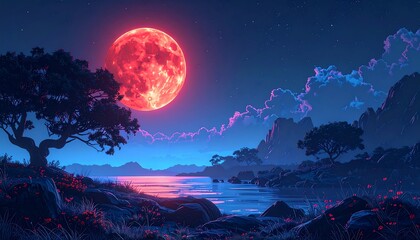 Night landscape with red moon