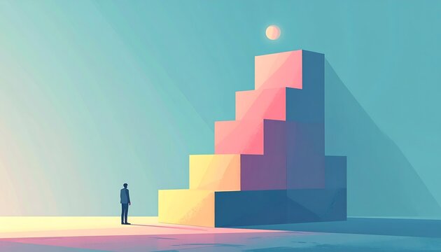 Man looks at a staircase leading to a goal, symbolizing ambition and career progression.