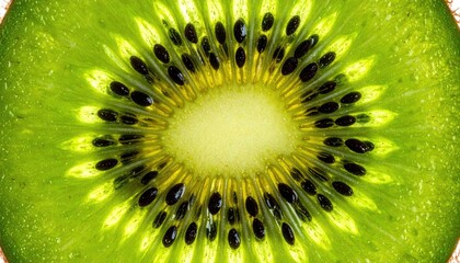 Kiwi Slice Macro Close Up Showing Seeds and Texture in Bright Light with Yellow Center on Translucent Green Background