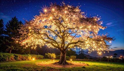 Illuminated Tree at Dusk With Sparkling Light Blue Sky