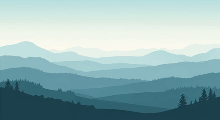 Obraz premium A serene misty mountain valley with layered hills and trees in a soothing blue-toned landscape with a clear sky.