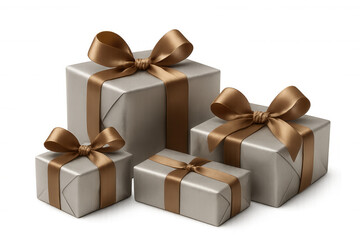 Obraz premium Group of gift boxes in different sizes, wrapped in elegant silver paper with golden ribbons and bows for celebration