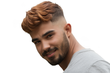 Stylish young man with colored hair and beard posing for a close-up portrait transparent background