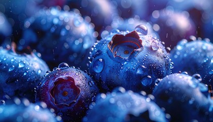 Macro Shot of Blueberries Covered in Water Droplets Under Natural Light