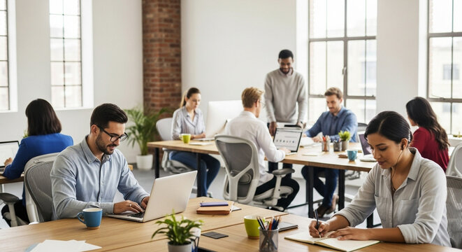 Diverse team collaborating productively in a bright, modern open-plan office environment, focused on shared goals and innovation.