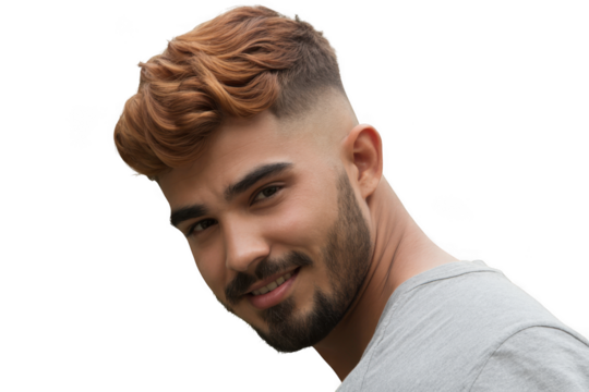 Stylish young man with colored hair and beard posing for a close-up portrait transparent background