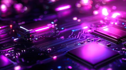 Obraz premium Abstract Close-Up of Futuristic Electronic Circuit Board with Vibrant Purple and Blue LED Lights