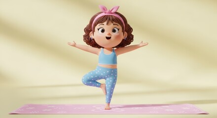 Cartoon girl in tree pose on yoga mat with pink headband and blue polka dot leggings on beige background