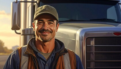 Portrait of confident male driver standing in front on his truck.