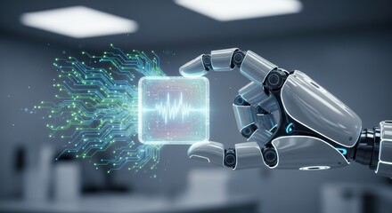 A robot hand holding a glowing square with a waveform and circuit patterns in a futuristic setting