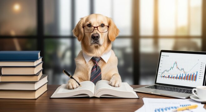 Golden retriever dog wearing glasses and tie sitting at desk with books and laptop showing graphs