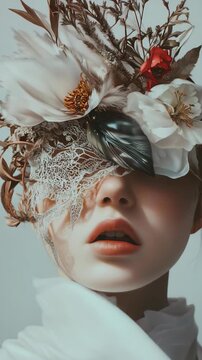 Mystical Woman with White Mask and Floral Headpiece