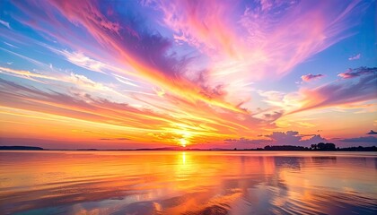 Aerial View of Coastal Plain with Geometric Farmland Patterns at Golden Hour Sunset Sky Above Water with Clouds Reflection on Water Surface Landscape
