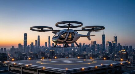 A futuristic drone taxi landing on a helipad in an urban city during the early morning hours at sunrise