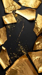 Gold leaf fragments scattered on black background