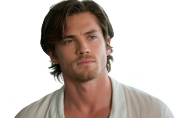 Handsome fair skinned man headshot showing a thoughtful expression transparent background