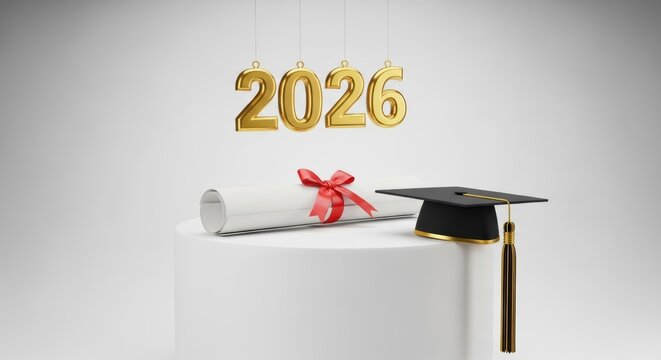 Graduation cap and diploma with red ribbon under golden year numerals on a white pedestal stage