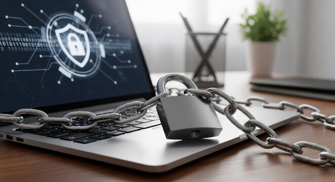 A laptop with a security shield on the screen and a chain and padlock on the keyboard on a desk