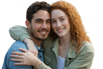 Smiling young couple casually dressed hugging affectionately outdoors on a sunny day transparent background