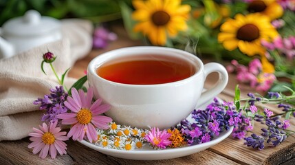 A Beautiful White Tea Cup Surrounded by Colorful Flowers on a Rustic Wooden Table with Steam Rising from the Hot Beverage